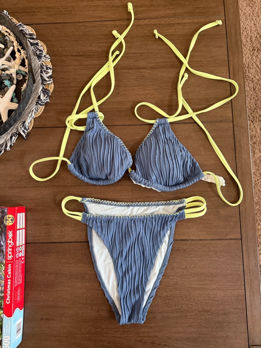 Textured Blue Bikini with Neon Yellow Ties